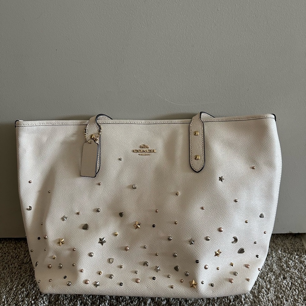 Coach White Leather Tote with Gold Star & Stud Accents - Picture 2 of 6